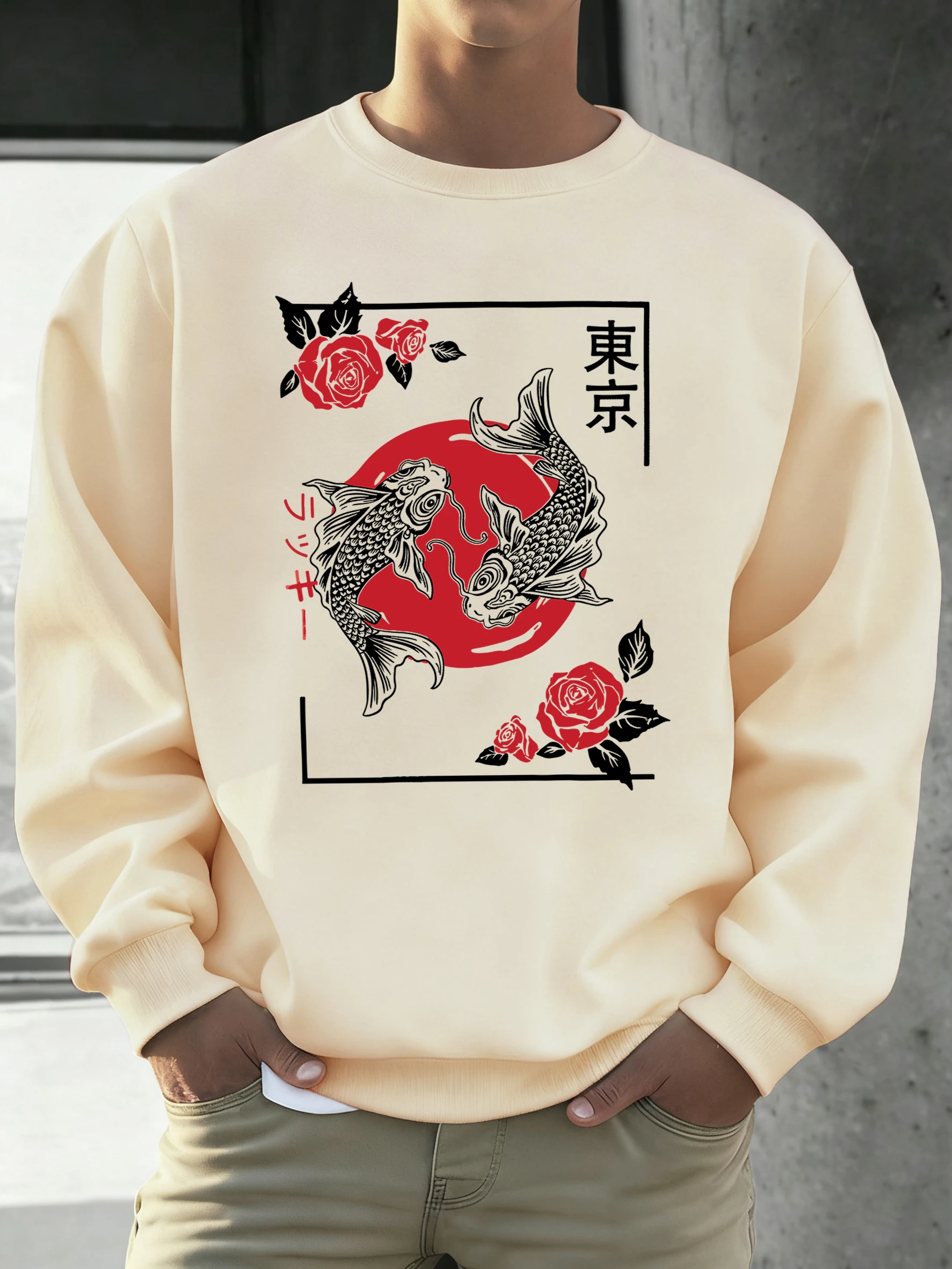 Tokyo Koi Fish Rose Harajuku Stampa Abbigliamento casual quotidiano invernale Felpe da ufficio hip-hop classiche girocollo unisex