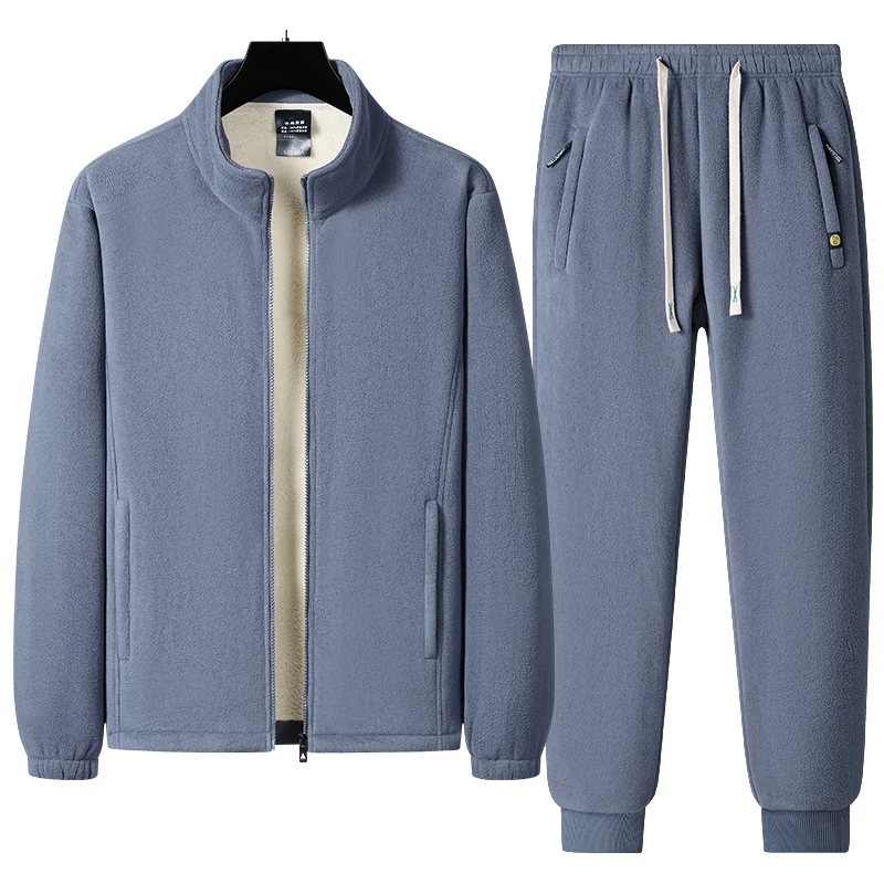 Verdickte Fleece-Fleece-Lammwolljacke, Oberteil und Hose, zweiteiliges Set, Arctic-Fleece-Herren-Stehkragen-warme Freizeithose, Herren