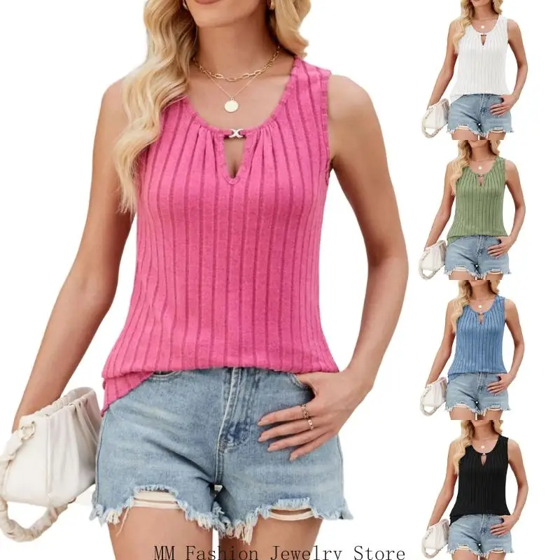 Débardeur ample décontracté sans manches pour femmes avec encolure en trou serrure, à mode pour l'été. D0UB