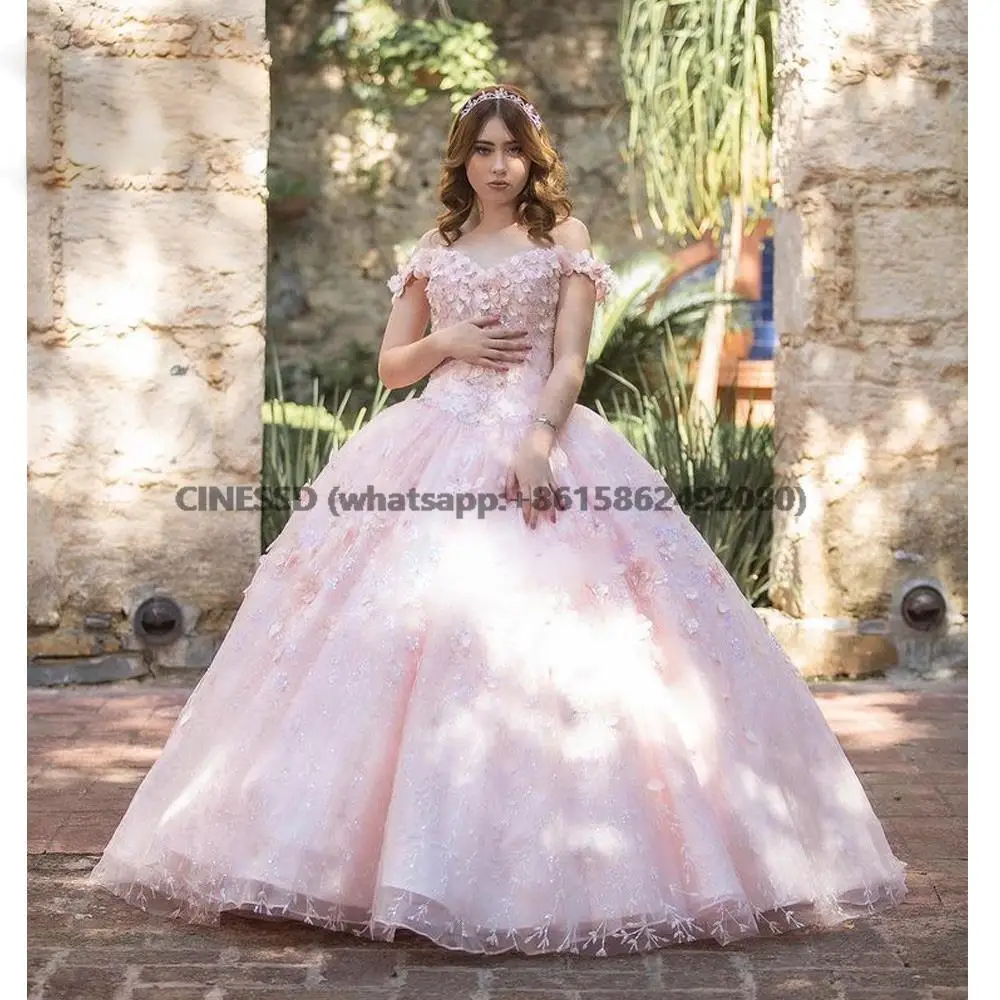 Vestido de quinceañera rosa con urdimbre, vestidos Formales de 15 años, apliques de flores hechos a mano, dulce 16, Vestido largo de graduación, 2022