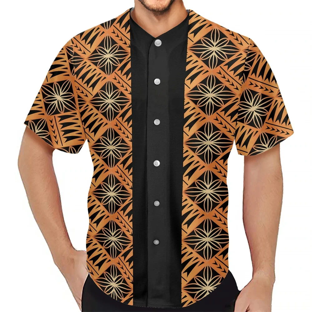 Summer Men Polynesian Tribal Clothing Samoa Hawaiian Fiji Tapa Floral Print Button Breathable Islands Baseball Jersey Shirt