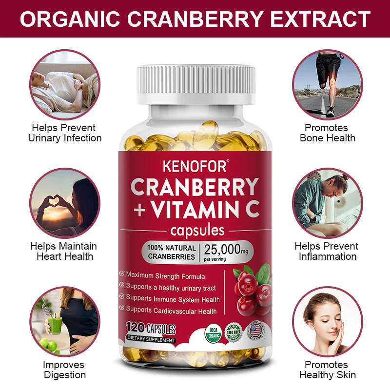 Cranberry Extract Concentrate + Vitamin C - 25,000 Mg, 120 Capsules, Triple Strength Formula, Non-GMO and Gluten-Free Supplement