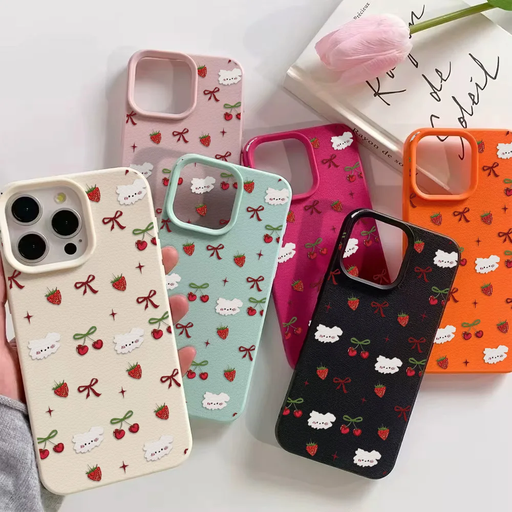 Leather Soft Silicone Phone Case For iPhone 17 Pro Max 16 13 11 15 14 12 17Promax 16promax 17pro Cherry Shockproof Funda Cover