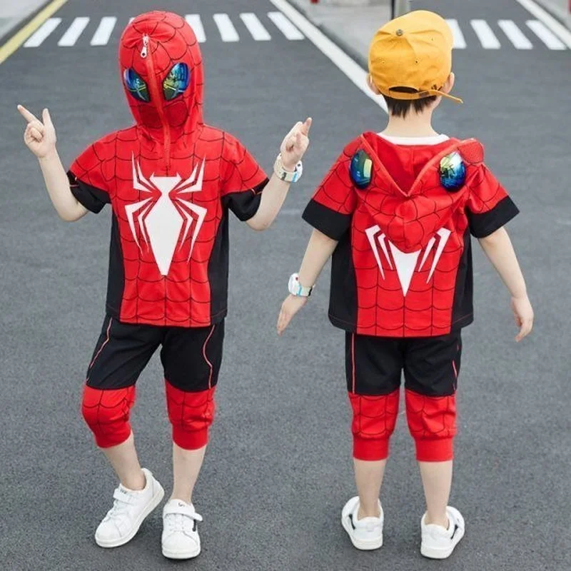 Spiderman Hooded เสื้อ + กางเกง + เสื้อกั๊กชุดเสื้อผ้าหญิงแขนสั้น Spider Man ชุดคอสเพลย์เด็ก Hoodies