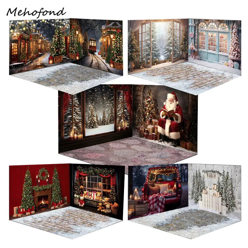 

Mehofond Christmas Night Backdrops Kids Adult Photocall Props Baby Hot Cocoa Stand Toy Bear Santa Claus Photography Background