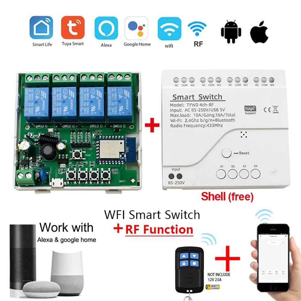 Tuya 4CH Wifi Smart Remote Control Switch  Motor Light Home Automation Module 7-32V 12V 24V 220V Interrupter Breakers Alexa