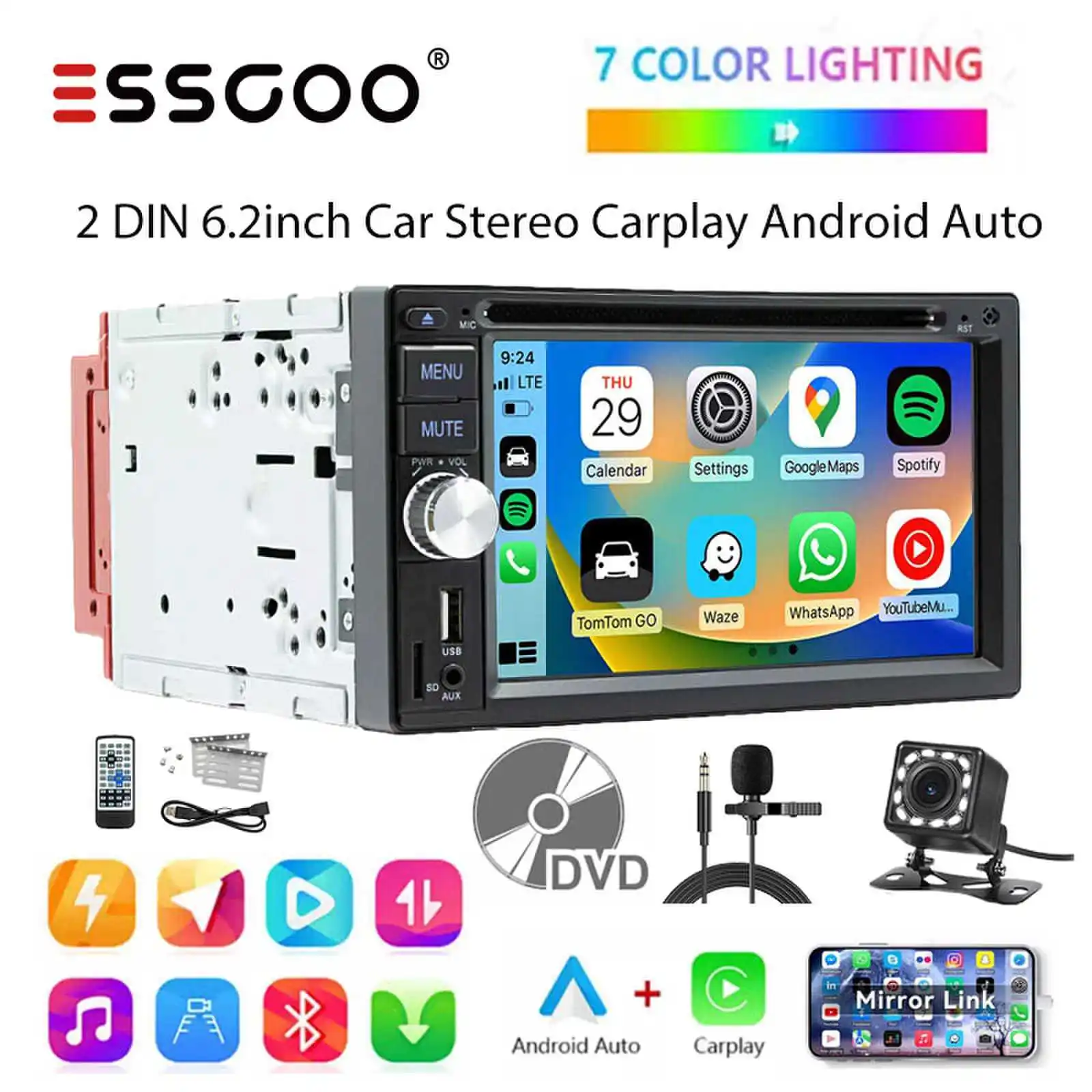 ESSGOO 2 DIN 6.2inch Car Stereo CD DVD AM FM RDS USB Bluetooth TF AUX Carplay Android Auto Head Unit Touch Screen Radio Camera