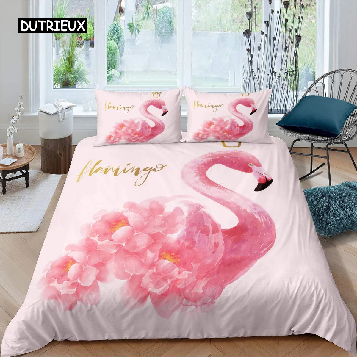 Flamingo Duvet Cover Set Girly Flowers Tropical Animal Bedding Set Pink Floral Polyester Comforter Cover for Girl Children Women