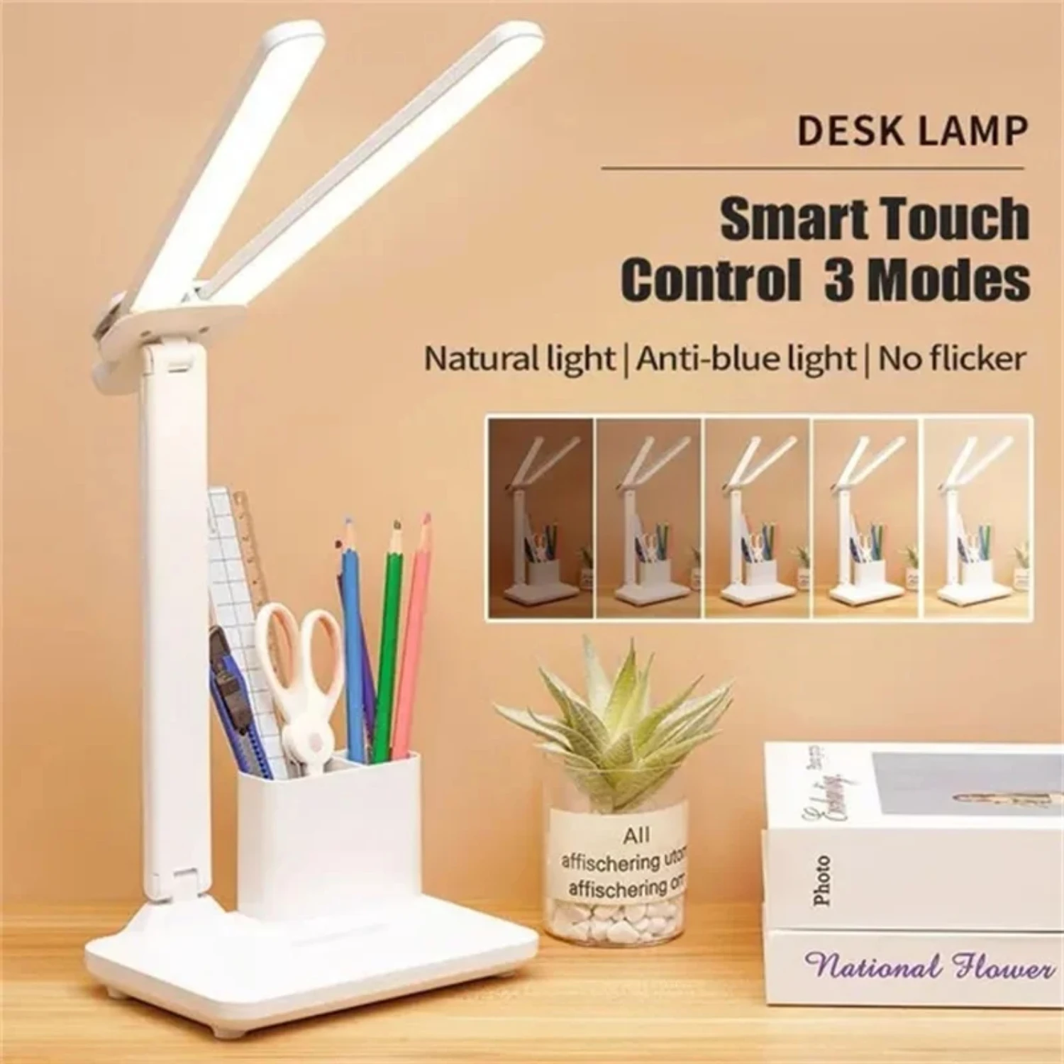 Foldable LED Double- Desk Lamp with A Holder USB Rechargeable Table Lamp Adjustable Brightness Eye Protection Lights