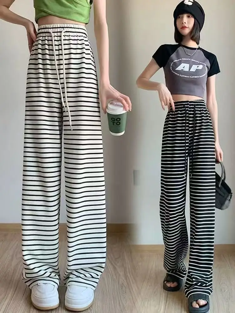 

High Waist Striped Wide Leg Casual Pants Spring Autumn Style Loose Fit plus Size 300 Pounds Korean Version Straight Tube Long...
