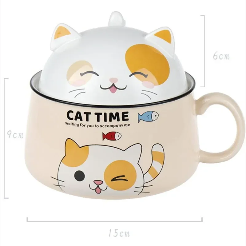 450/1020Ml Ceramic Mug with Spoon and Lid Cute Cat Tiger Pig Instant Noodle Ramen Bowl Large Capacity Kitchen Tableware Office