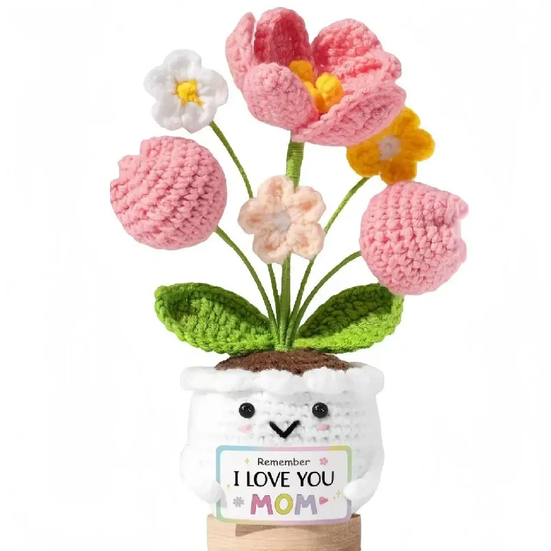 New Emotional Support Crochet Tulip Sunflower Potted Handwoven Flower Pot  Artificial Plant Gift Bookshelf  Decor