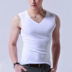 Basic Men's Ice Silk Sleeveless Tanks Top Vest Solid Color V-Neck Undershirt Muscle Vests T Shirt For Men Tee Male Clothing