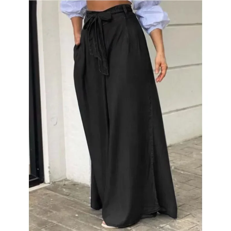 

Jennifer Women’s Autumn Wide Leg Pants 2024 Fashion Tied High Waist Loose Trousers Lmitation Denim Casual Streetwear Pants