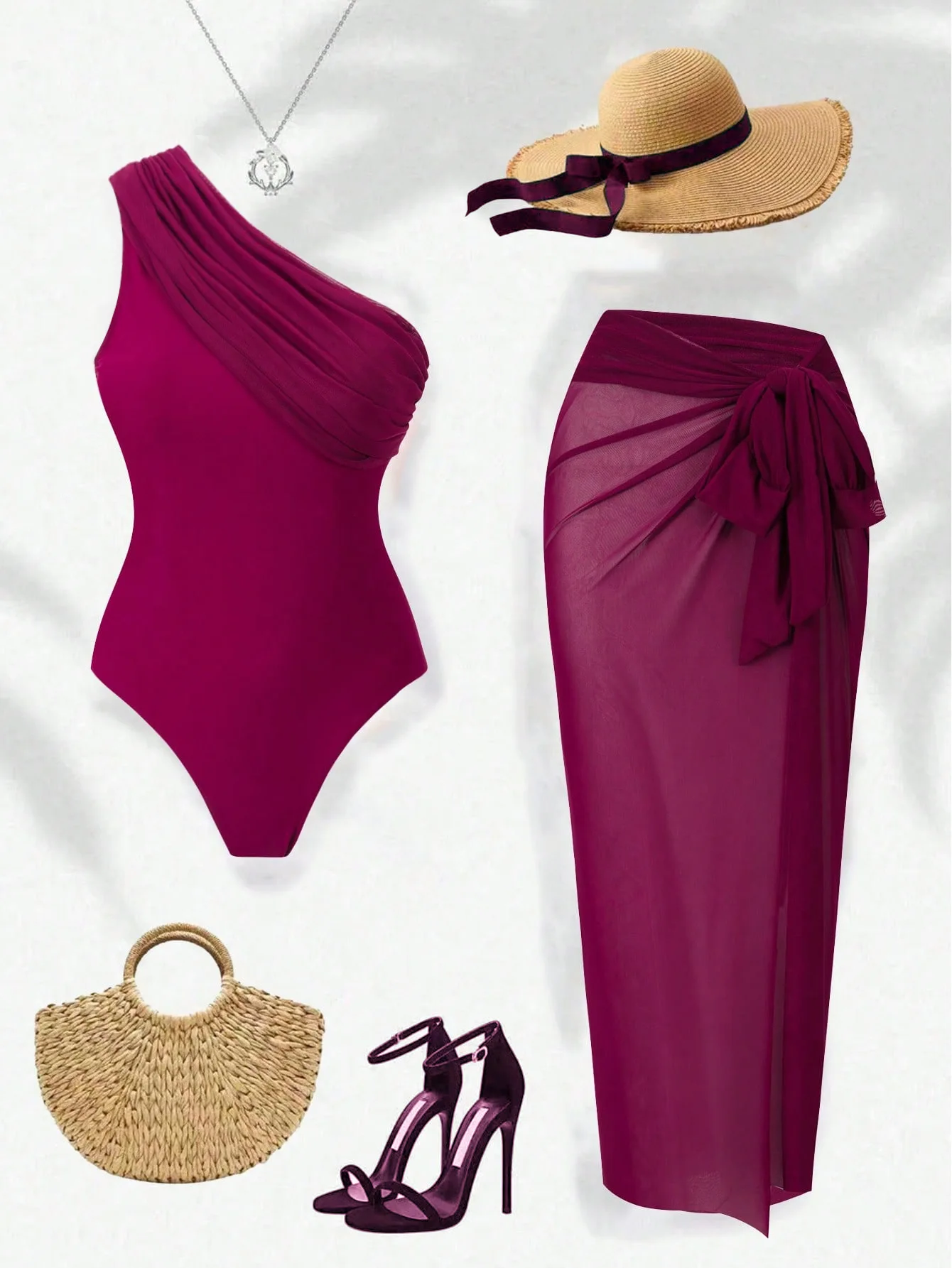 

2026 Women's Vintage One Piece Swimsuit Sexy One Shoulder Solid Color Bodysuit Summer Long Skirt Lace Up Cover Up Two Piece Sets