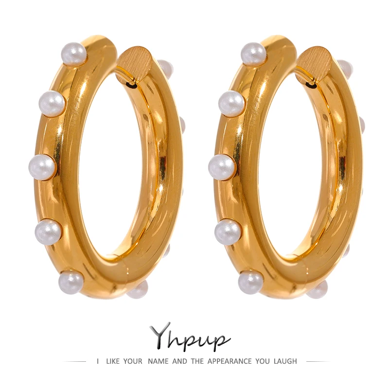 Yhpup Imitation Pearls Round Huggie Earrings Stainless Steel Metal Unusual Elegant Earrings украшения  бижутерия Gala Gift