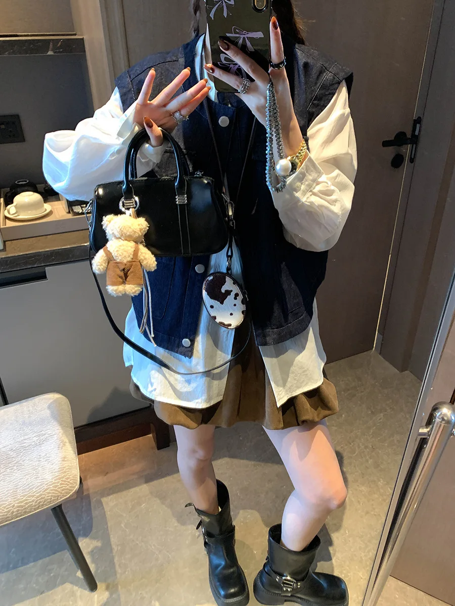 

Новая джинсовая куртка-жилет в стиле ретро, свободного кроя, синего цвета, для ранней весны, универсальная.