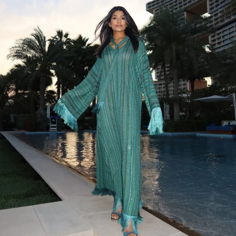 Vintage Elegant Feminine Tassel Robe Scarf Casual Loose Knit Long Dress Female Designers Flowy Modest Chic Summer Beach