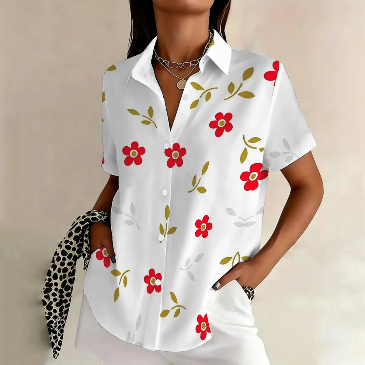 

Summer Plus Size Fashion Floral Print Short-Sleeve Shirt for Women - Loose, Flowy, Casual, and Stylish
