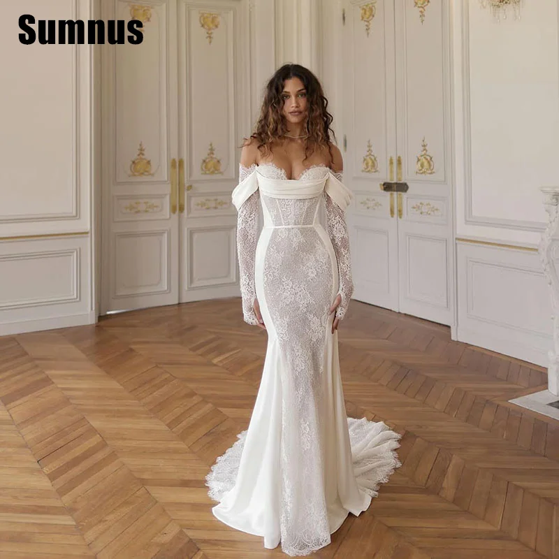 Sumnus-vestidos de novia elegantes de sirena con hombros descubiertos, vestidos de novia hasta el suelo, vestido de novia con escote en forma de corazón y encaje personalizado