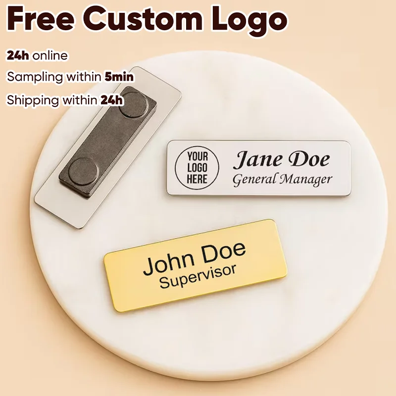 Free Personalized Metal Look Name Tag Pin or Magnetic Customizable Brooches Pin Engraved Text Logo Business ID Plate Metal Tag
