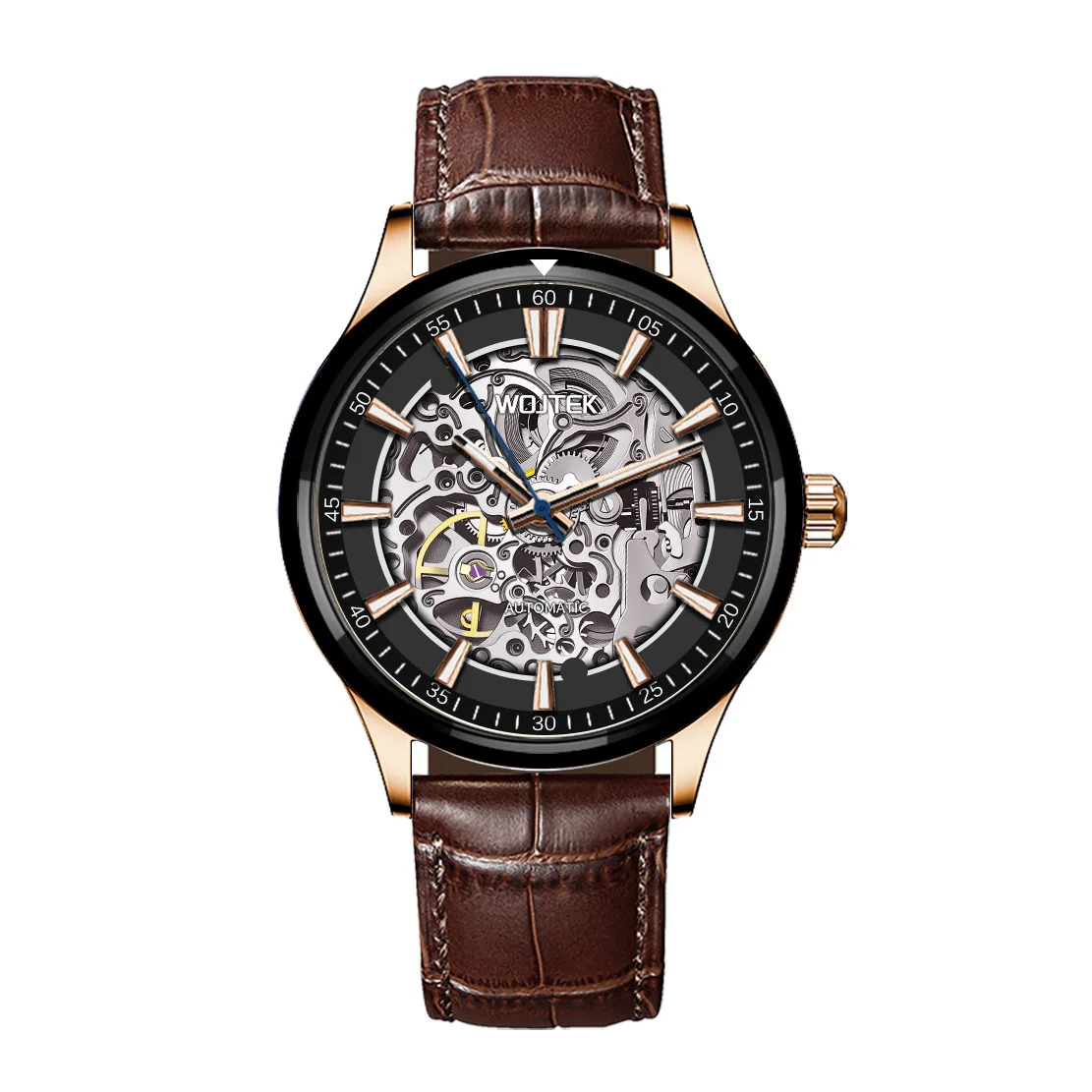 WOJTEK Men Automatic Mechanical Watch Solid Case Ceramic Bezel Hollow Skeleton Luminous Waterproof Male Wrist Watch