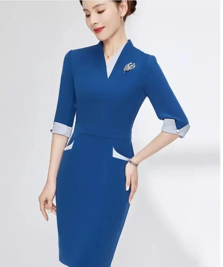 

Mid sleeved dress for women's professional wear high-end front-end beauty salon sales department interview new work clothes Blue