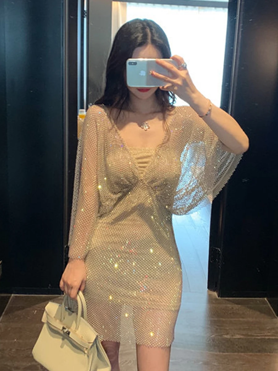 

Sexy V-Ne Bodycon Dr Sparkling Sequins Net Fabric Slimming Evening Gown Clubwear Birthday Par Ball Ceremony Dr