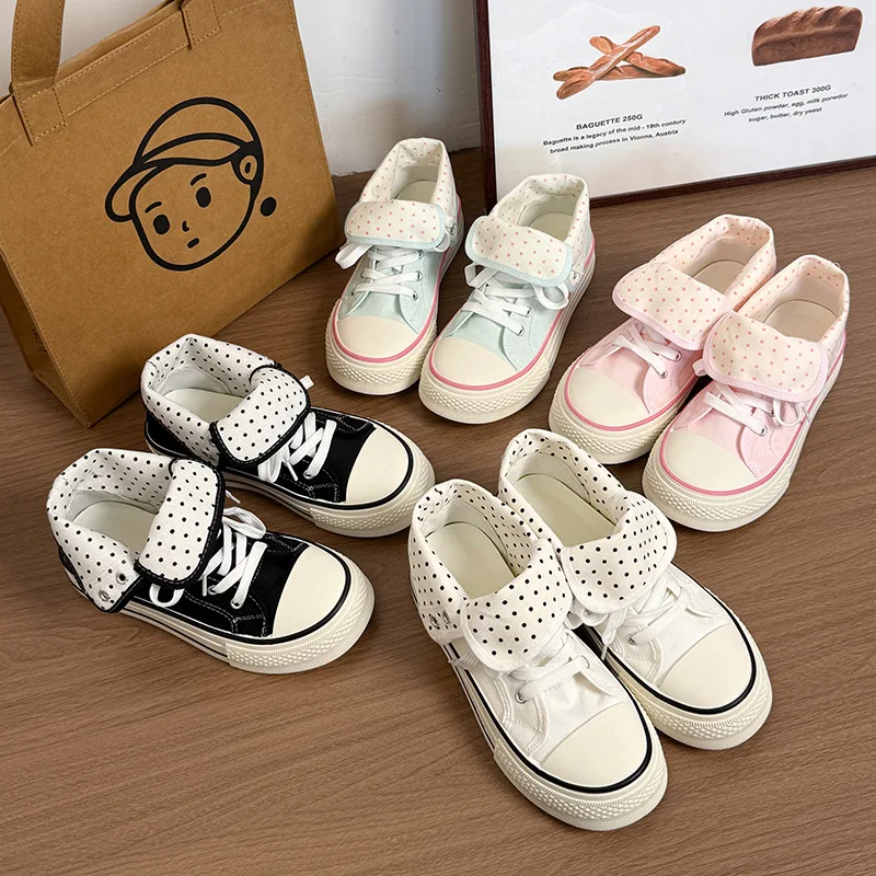 New High Help Canvas Shoes Dots Women's Casual Shoes Vulcanize Sneakers Spring Comfortable Sport Walking Platform Flats Shoes