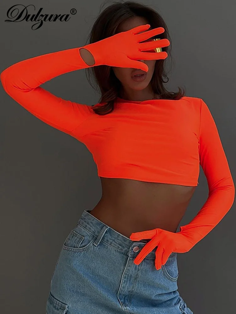 Dulzura Cotton T Shirt Crop Top Long Sleeve With Gloves 2023 Summer Sexy Women Tshirt Skinny Solid Drop Shipping Wholesale