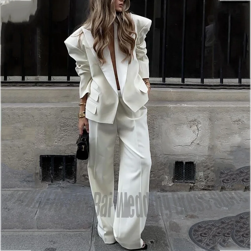 

Stylish White Women's Pants Suit Double Split Fork Straight Peaked Lapel Elegant Ladies Outfit Full Set 2 Piece High Quality