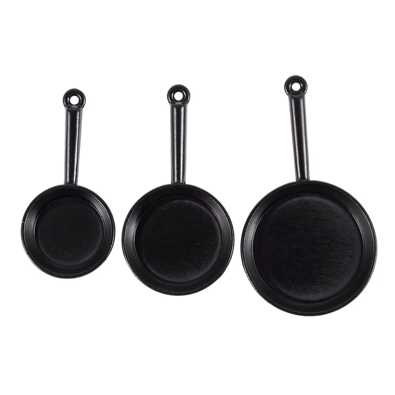 1/12 Scale 3pcs Dollhouse Miniature Metal Frying Pans Cooking Pot Cookware Kitchen Accessory Black