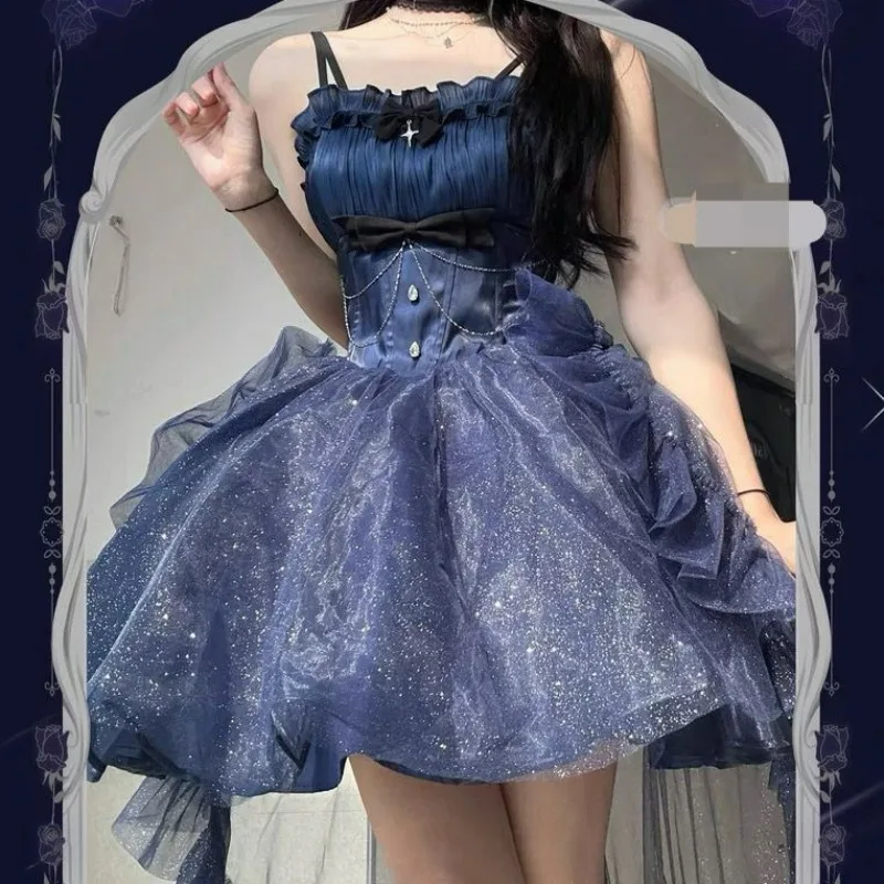 Minivestido gótico victoriano Lolita Jsk para mujer, vestidos de princesa Kawaii con volantes y lazo con tirantes, vestido de fiesta de hadas dulce para niña