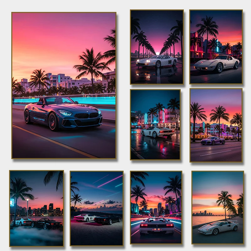 Miami Luxury Sport Black Cars At Sunset Beach Palm Tree Poster Canvas Painting Print for Living Room Home Decor Cuadros