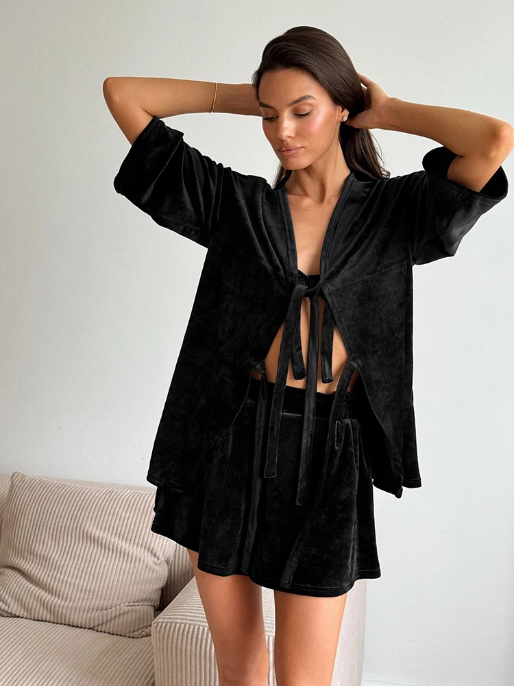 HiLoc Velvet Black Shorts Pajamas Suits Women Lace-Up Robe And Shorts Two Pieces Sets Homewear 2024 Knitwear Shorts Outfits Lady