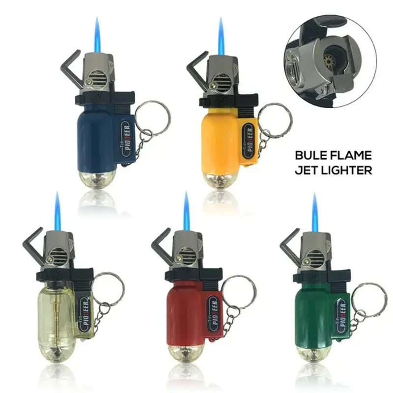 Portable Keychain Inflatable Lighter Windproof Mini Gas Metal Jet Butane Transparent Body Barbecue Outdoor Lighter Men\'s Gift