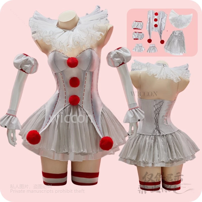

Anime Silver Fancy Cress Joker Outfits Dress Sexy Lingeries Cute Dress Female Full Set Halloween Cosplay S-XL Clown Customized