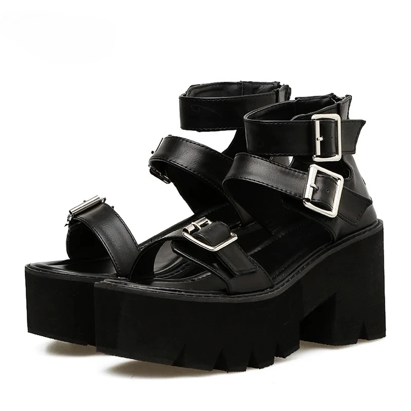 Ankle Strap Summer Fashion Women Sandals Open Toe Platform Shoes High Thick Heels Female Black Unique Party Shoes 35-42