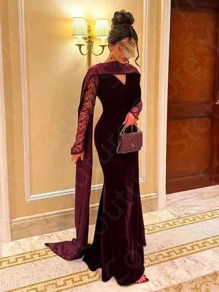 فساتين سهرة أنيقة مخصصة باللون العنابي فساتين حفلات حورية البحر دانتيل أحمر خمري لحفلات الزفاف 2025 بأكمام طويلة مع شال