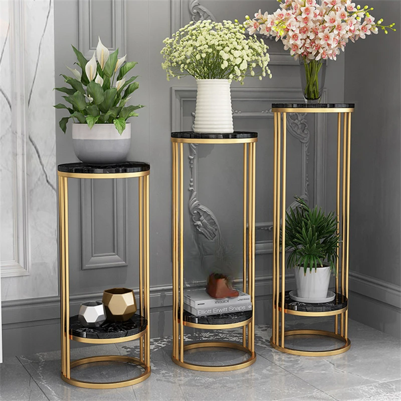 Light Luxury Marble Flower Shelf Nordic Living Room Restaurant Floor Flower Pot Stand Iron Double Layer Plant Stand Display Rack