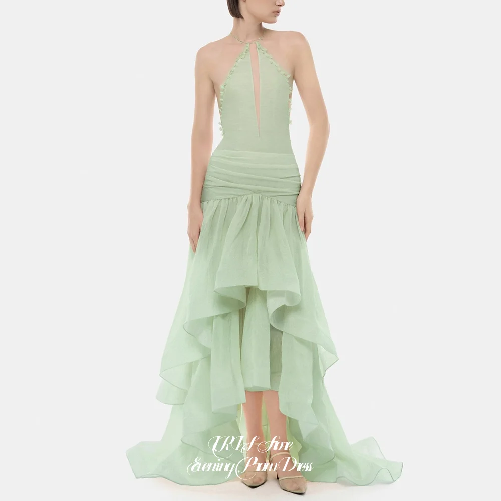 IRIS Soft Fresh Halter Keyhole Deep V Ruched High Low Tier Ruffle Chiffon Vacation Maxi Gown for Women Customized 2026