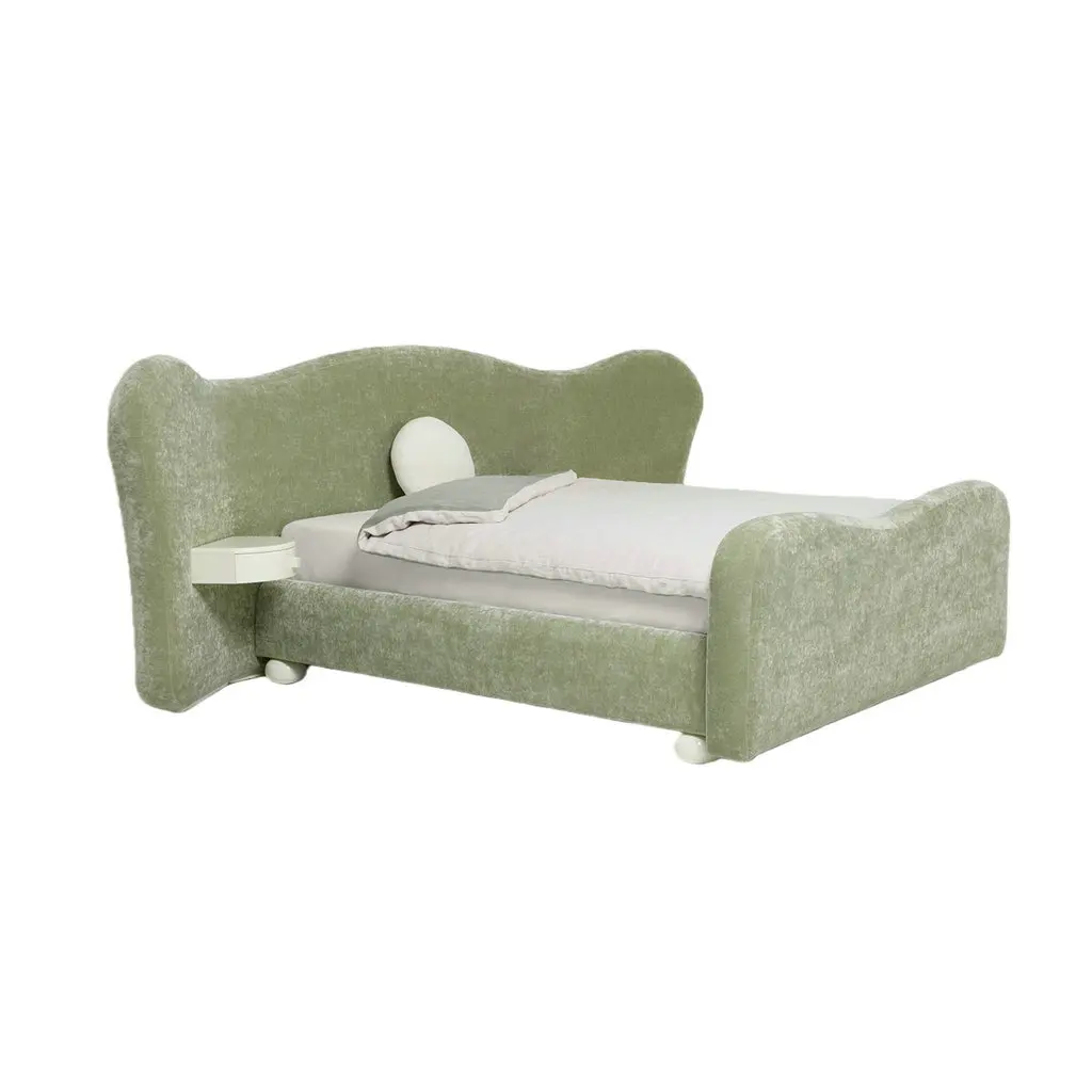 #French Vintage Green Performance Velvet Upholstered King Size Bed Frame with Night Stands Bedroom Wooden Large Beds for Child