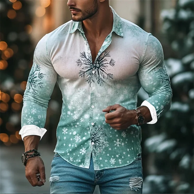 New Men's Snowflake Gradient Color Shirt Fashion 3D Printed Shirt Button Shirt Casual Long Sleeve Shirt Men's Shirt