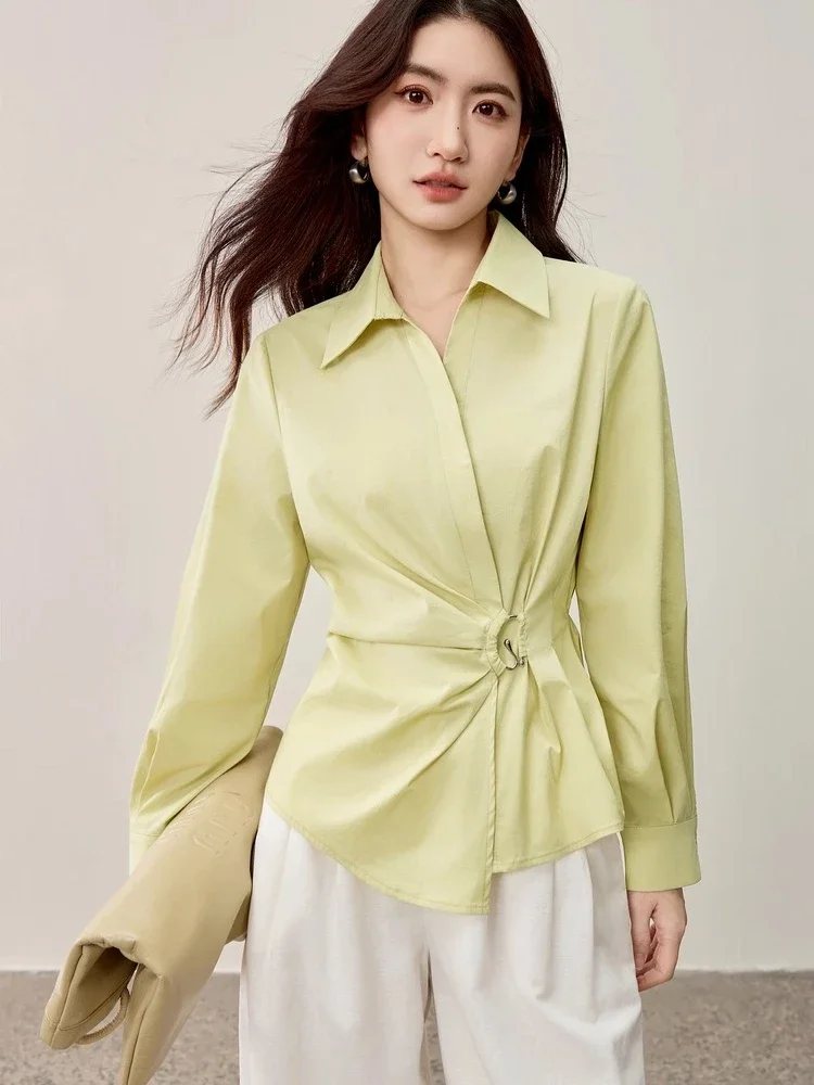 SENTUBILA Designer Shirt 2025 Women's Autumn New Turn-down Asymmetrical Shirring Buckle Long-sleeved Tops Elegant W53CA2861