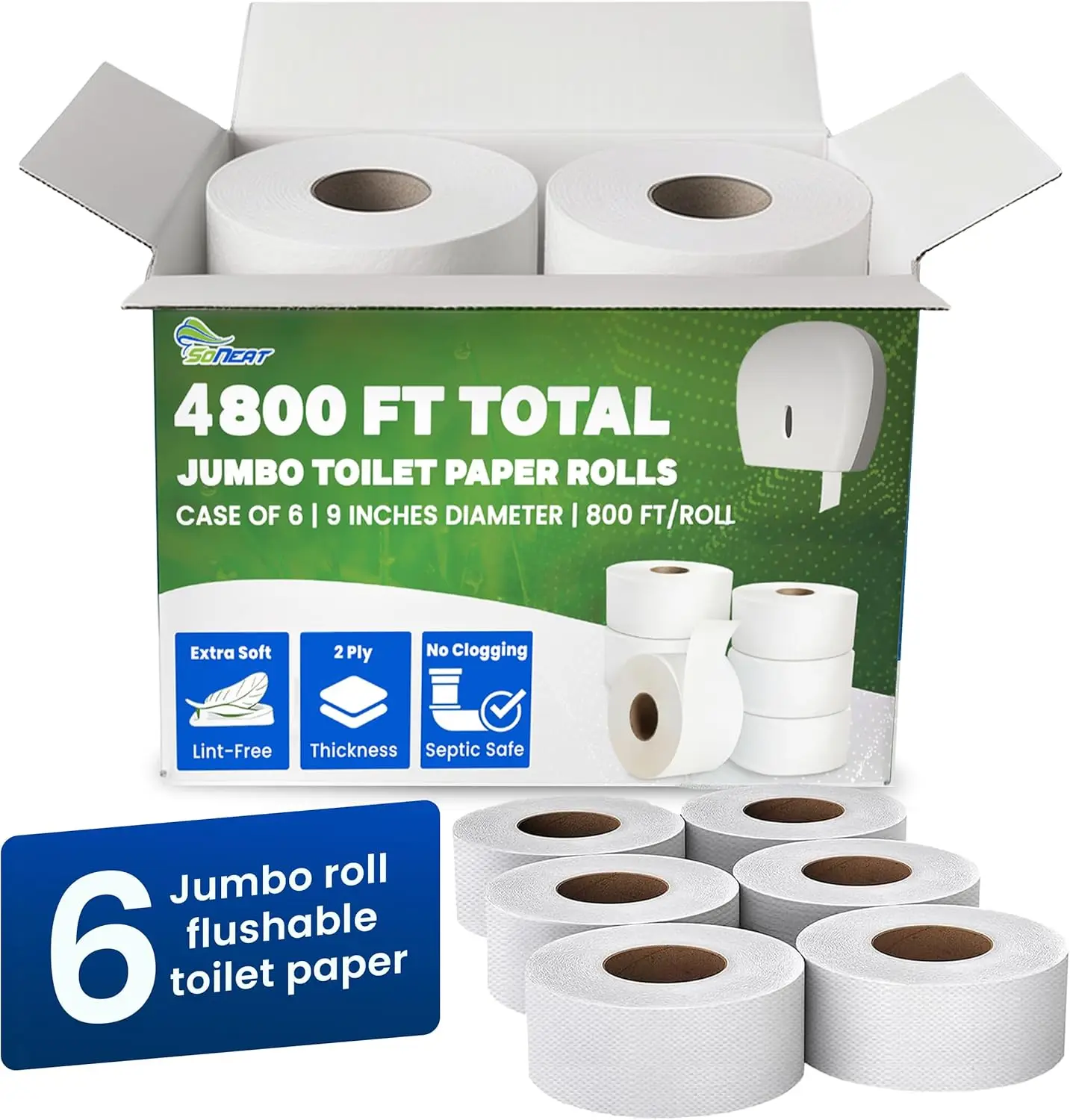 

Рулоны туалетной бумаги Jumbo - 4,800 футов, промышленные, 2-слойные, оптовая упаковка для стандартных диспенсеров, мягкие и впитывающие