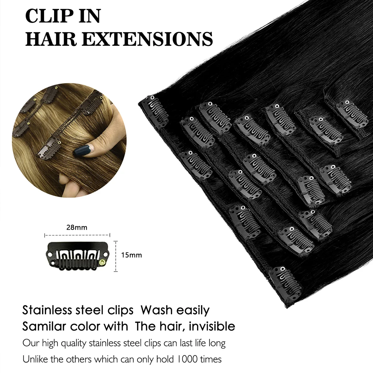 Ekstensi Rambut Asli Jet Black Straight Clips 7Pcs Clip Ins Rambut Remy Asli untuk Wanita Menambah Panjang & Volume Rambut