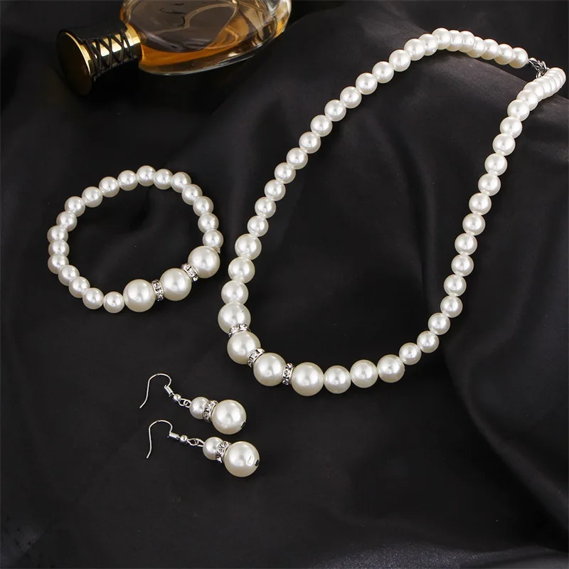 Women\'s Fashion Bridal Pearl Set Delicate Necklace Earrings Bracelet Jewelry Girls Anniversary Wedding Engagement Birthday Gift