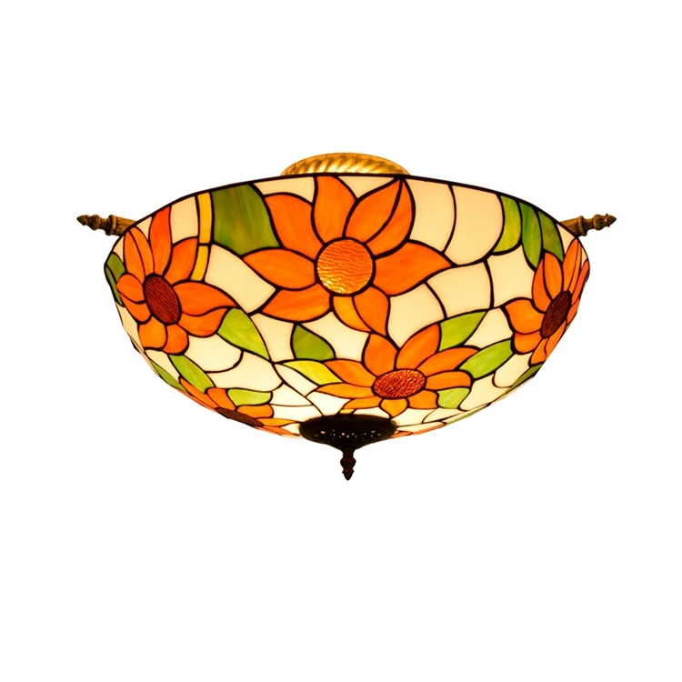 Tiffany Pastoral Style Sunflower Stained Glass Ceiling Lamp Flush Mount Ceiling Lighting Fixture For Living Room Kitchen Island