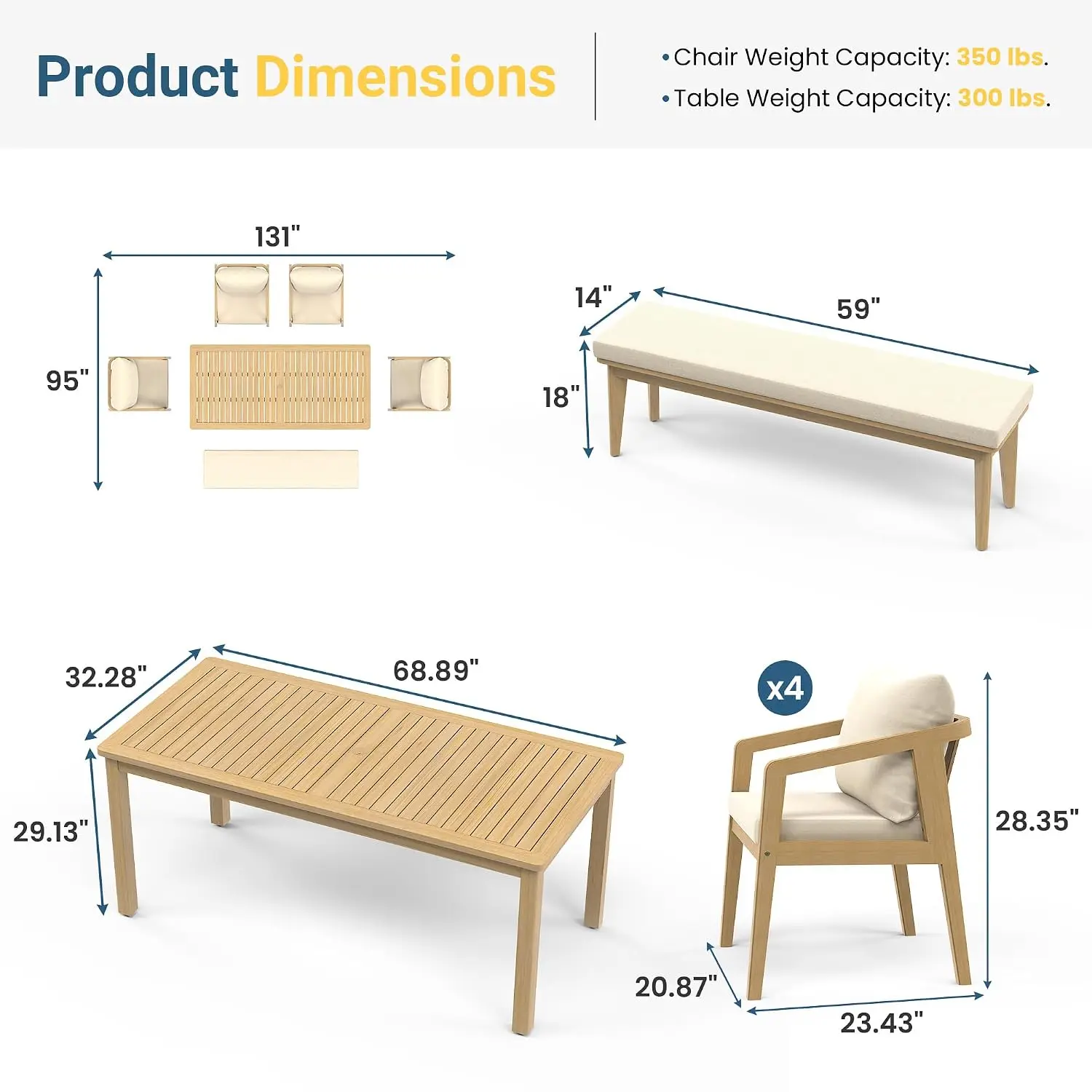 Outside Furniture with Table Umbrella Hole and Removable Cushion for 6, Outdoor Furniture Set for Garden, Patio, Beige
