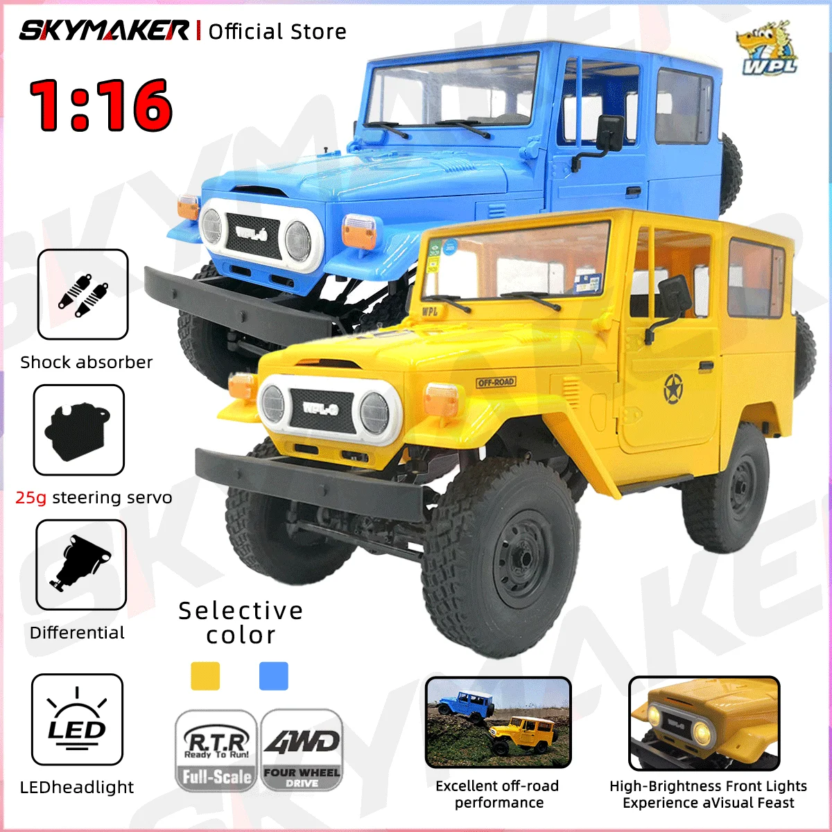 

WPL 1/16 RC Car C34 2.4G Remote Control FJ40 4WD Off-road Jeep DIY Accessories Climbing RC Truck Vehicle Toy Car for Boys